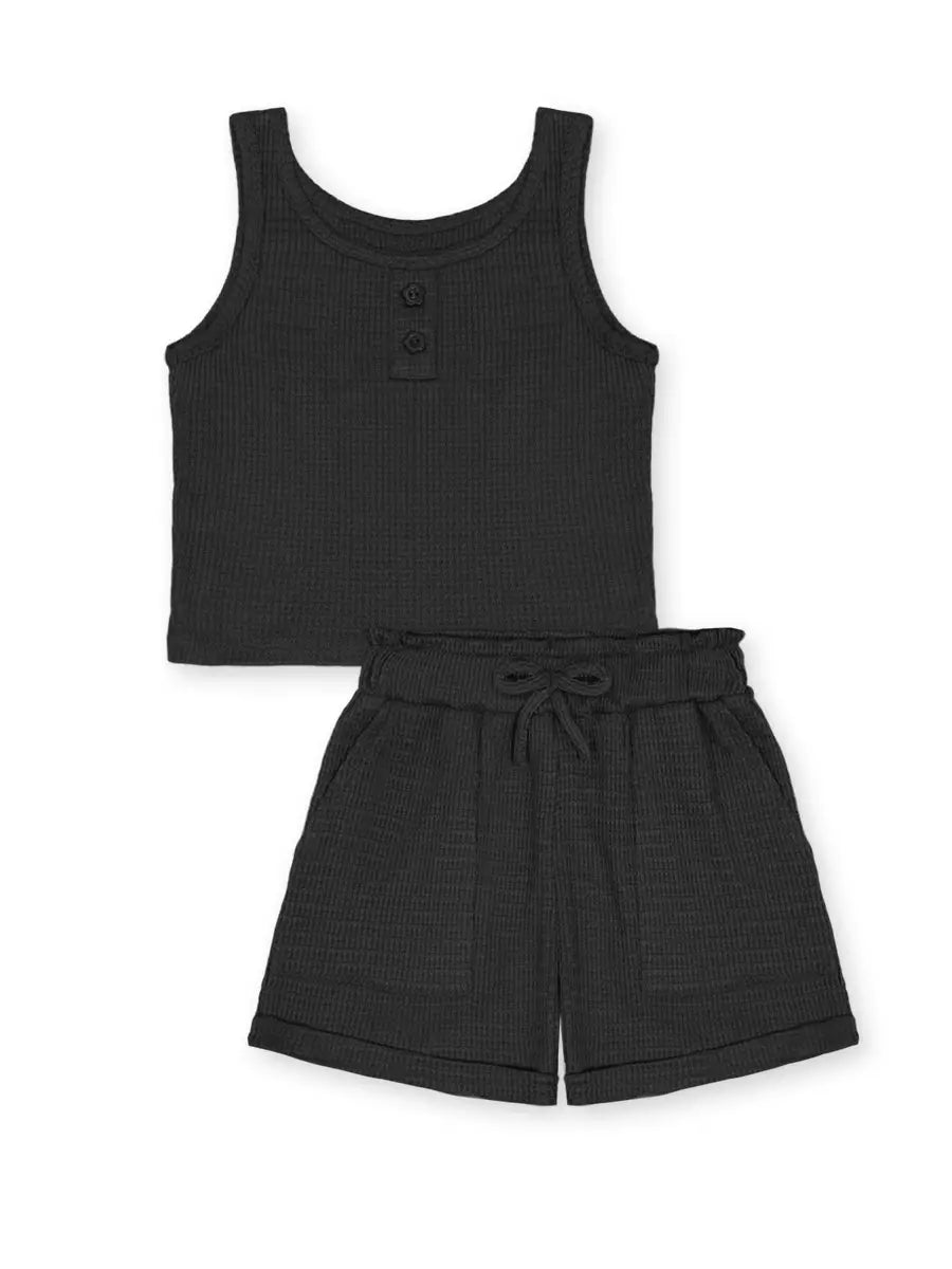 Black Textured Henley Tank & Shorts Set